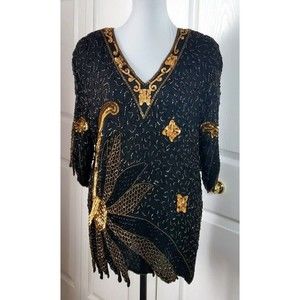 Vintage Womens Beaded Black Gold All Over Embellished Lined Blouse EUC Size L/XL